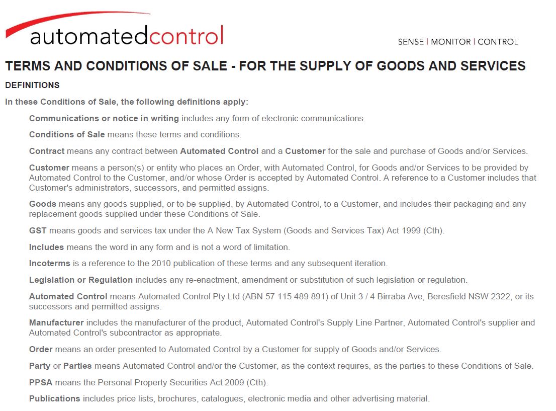 Automated Control’s Terms And Conditions Of Sale – For The Supply Of Goods And Services