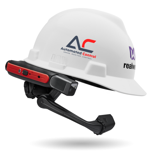 Realwear Voice Actived Hedset on Helment AC Logo Realwear Voice Actived Hedset on Helment AC Logo